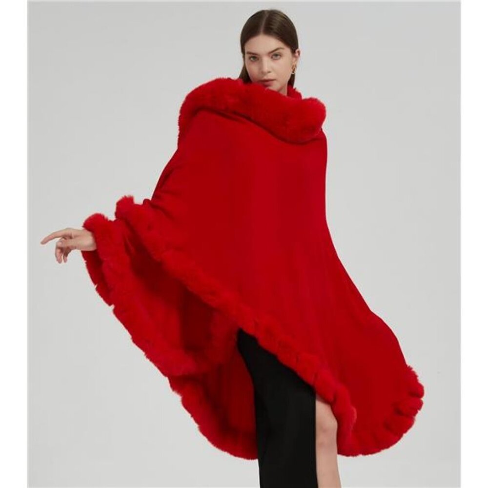 Cruelty Free FAUX FUR Lady in Red TRUE CRIMSON Cardigan Shawl Winter Cape - Picture 5 of 7